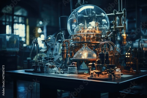 Vintage laboratory equipment, science research and development concept. 3D Rendering, Futuristic laboratory equipment illuminates scientific discovery in a glowing industry