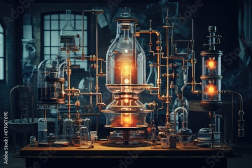 Vintage gas lamp in a dark room, 3D Rendering, Interior of modern laboratory in miniature, Science concept, Laboratory glassware with chemical liquid in the laboratory.