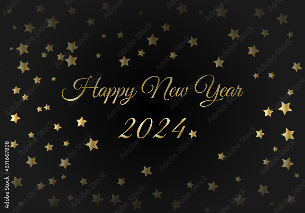 happy new year 2024 banner, golden text and stars