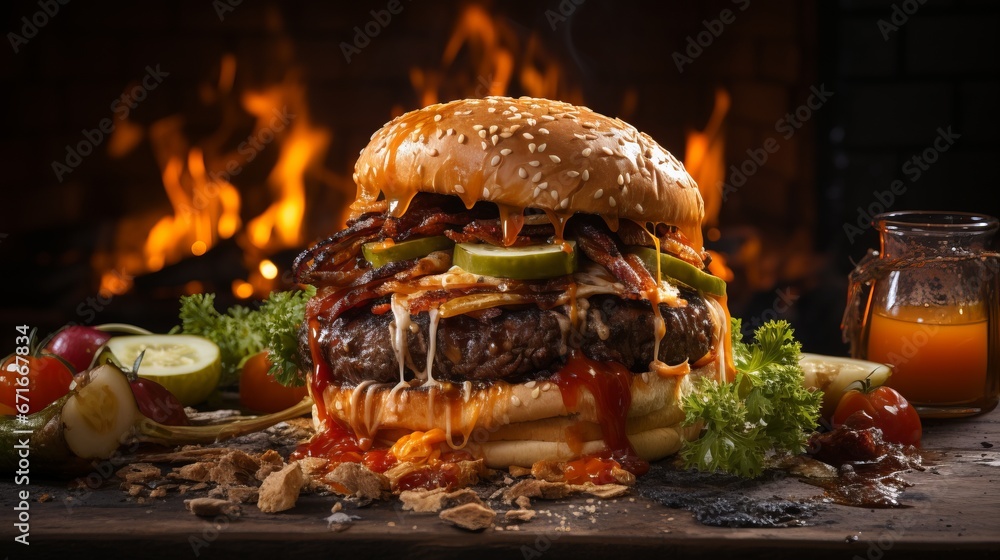 Burnt and disgusting burger. Bun with vegetables and meat. Unappetizing food with an open fire. Disgusting meat, unhealthy food. - obrazy, fototapety, plakaty 