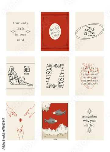 Set of positive social media quotes, motivation posters on trendy abstract background in neutral colors (Japanese text translation: cat).