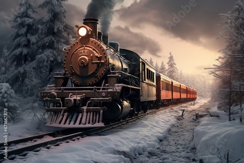 Historic steam locomotive. Old vintage train ride in the snowy forest in north pole. Fairy tale winter landscape. Retro aesthetic. Christmas and New Year concept. Design for banner, card, poster 