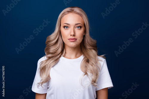 Photo of adorable cute woman dressed nice clothes isolated on dark blue color background