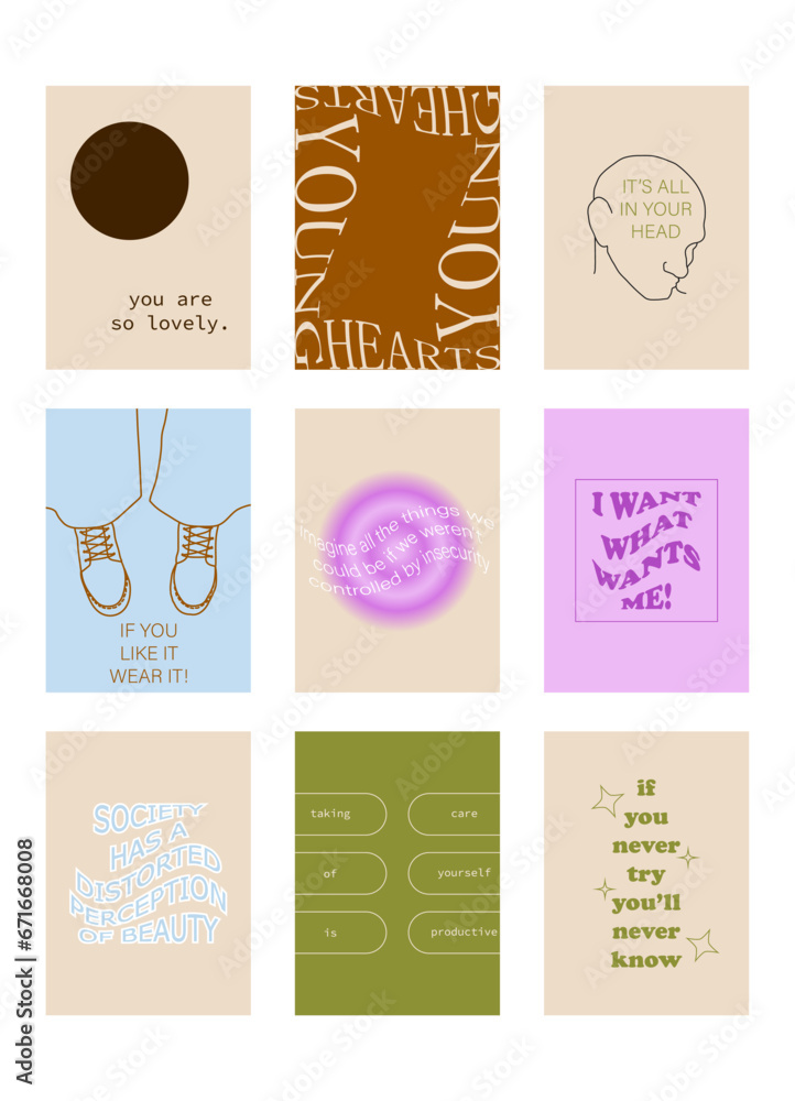 Set of positive social media quotes, motivation posters on trendy abstract background in neutral colors. Set of positive social media quotes, motivation posters on trendy abstract background in neutral colors.