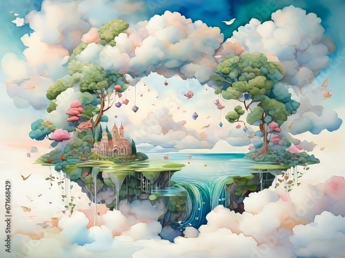 una caprichosa isla flotante, compuesta de esponjosas nubes parecidas a malvaviscos y un exuberante follaje verde que cae en cascada desde sus bordes photo