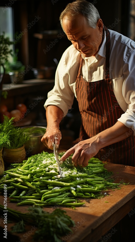 The chef cuts the asparagus sprouts on a cutting board, and the healthy greens are prepared. Processing and preparation Diet food for consumption, vegetarian menu