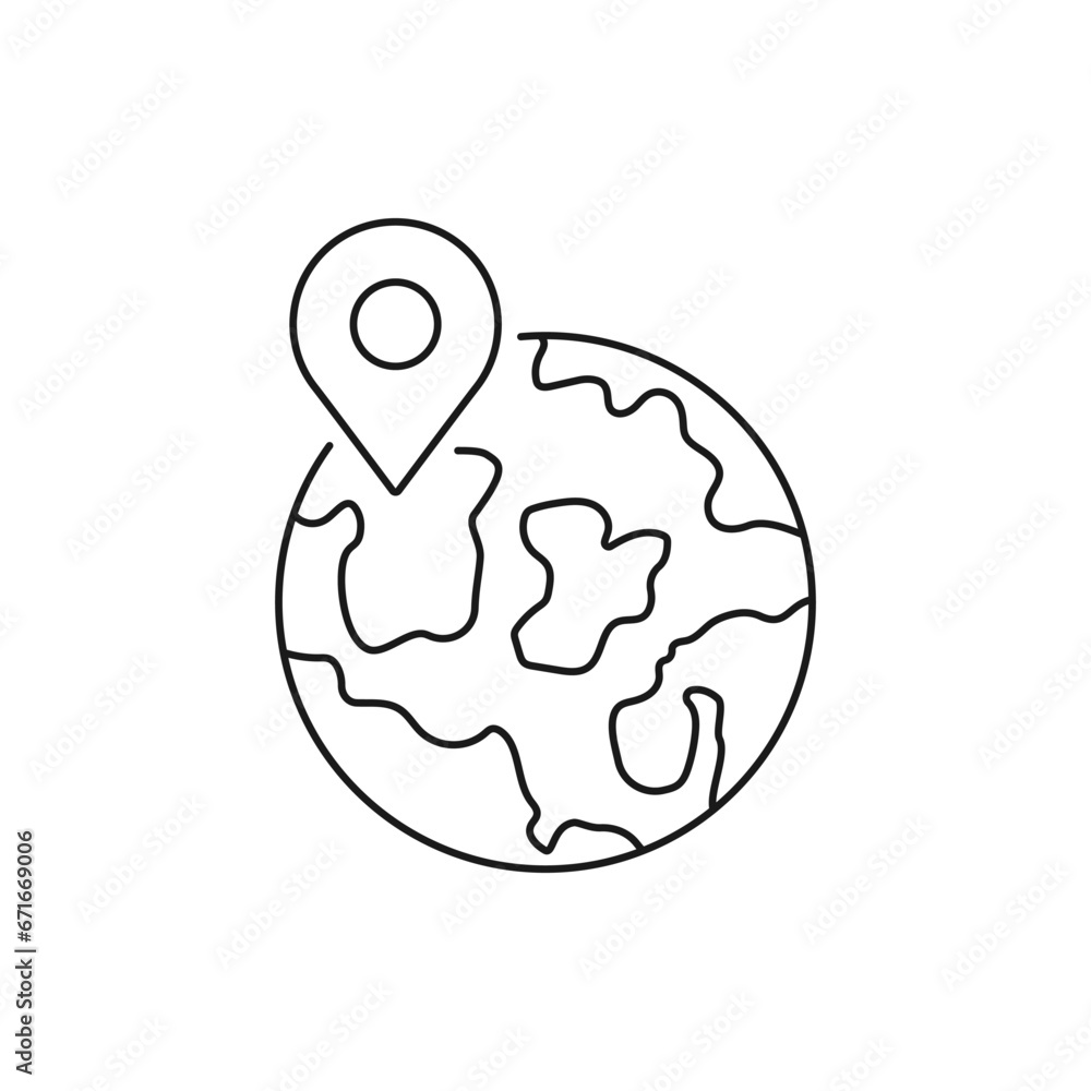 Earth globe with pin pointer. Geolocation icon line style isolated on white background. Vector illustration Earth globe with pin pointer. Geolocation icon line style isolated on white background. Vector illustration