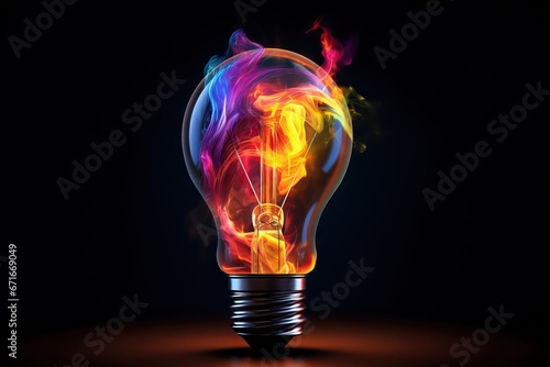Electric bulb in colorful fire flames on black background. Bright flamy symbol. Energy power. Think different. Good idea, discovery and brainstorm concept for design, card, banner