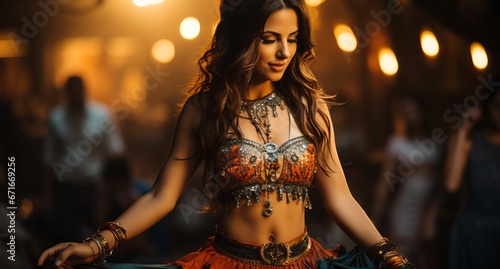 A girl with a beautiful body dances a belly dance in oriental attire with jewelry and pendants. Woman with long hair in motion.
