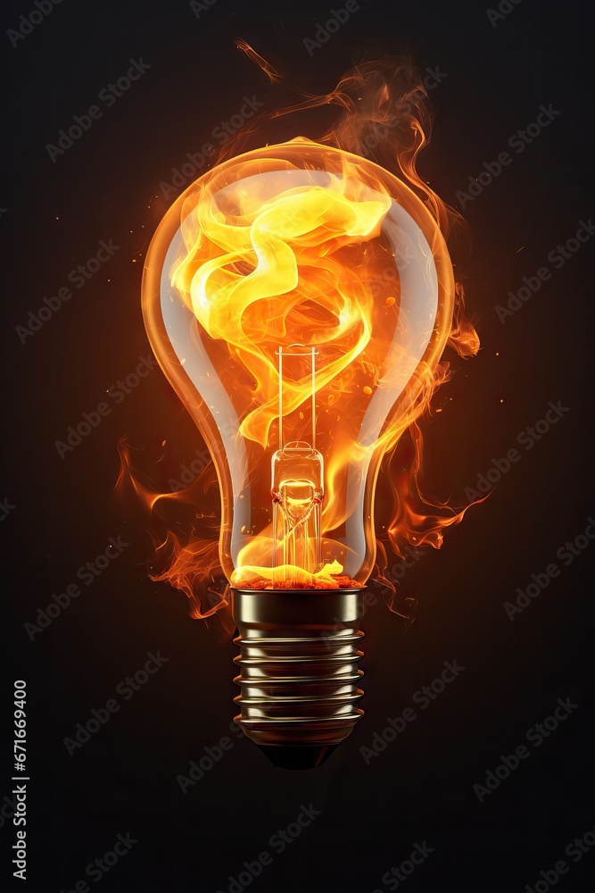 Electric bulb in fire flames on black background. Bright flamy symbol. Energy power and danger concept for design, card, banner Electric bulb in fire flames on black background. Bright flamy symbol. Energy power and danger concept for design, card, banner