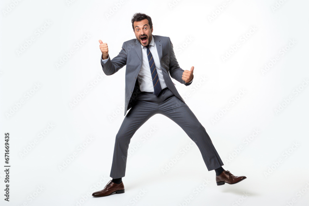 A businessman wearing a grey suit, standing against a white background. He has a shocked expression on his face, his mouth wide open in disbelief. Generative Ai