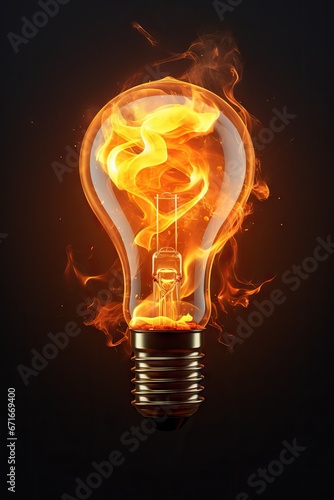 Electric bulb in fire flames on black background. Bright flamy symbol. Energy power and danger concept for design, card, banner