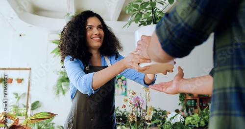 Vászonkép Man customer buying house plant in flower shop