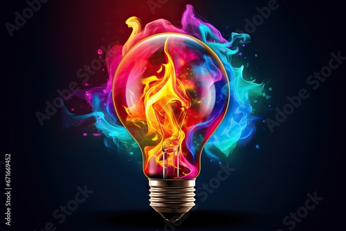 Electric bulb in colorful fire flames on black background. Bright flamy symbol. Energy power. Creative idea or brainstorm concept for design, card, banner
