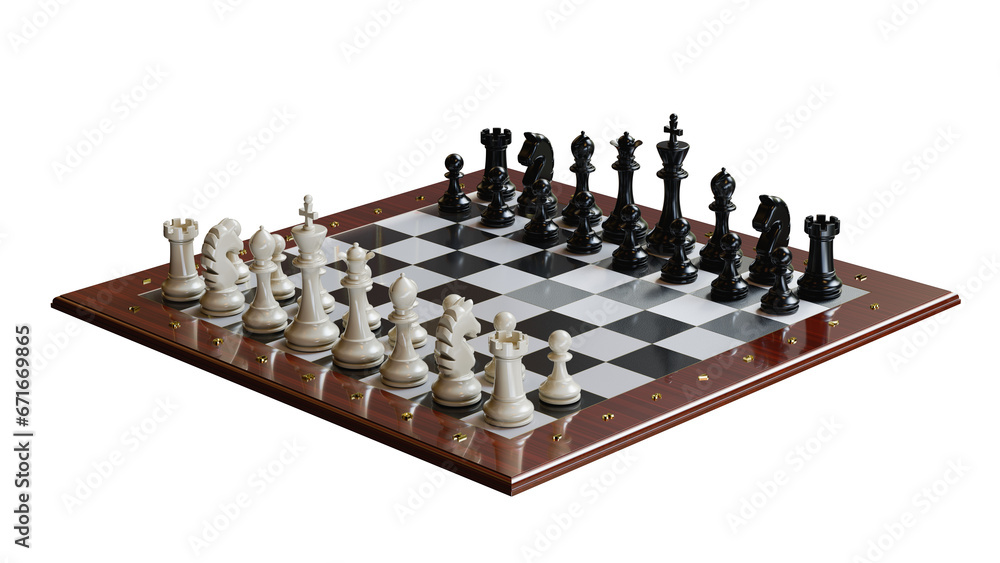 Chess pieces on the board in the starting position. Isolated. Transparent background. 3D Rendering