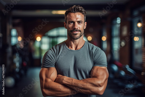 Portrait of A happy handsome muscular man standing with arms crossed with back as sports gym background..