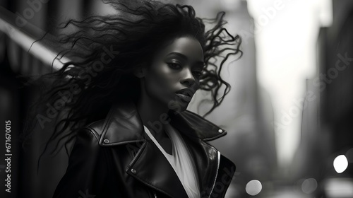 a black female model in a new york street blurry background, in the style of surreal fashion, black and white, monochrome. generative AI