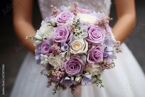 closeup of a wedding bouquet with white and purple roses in the hands of the bride photo