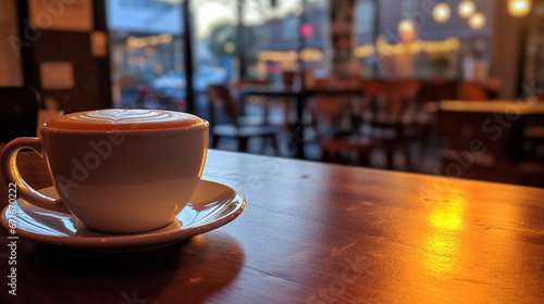 A cup of coffee on a wooden table served in a cafe. Bokeh background with light focused on coffee and table. The atmosphere outside is dark