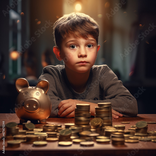 Thoughtful looking young boy behind table with stack of euro coins and piggy bank in front of him.