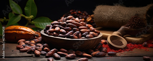Cocoa beans in bowl with cocoa pods on wooden table.