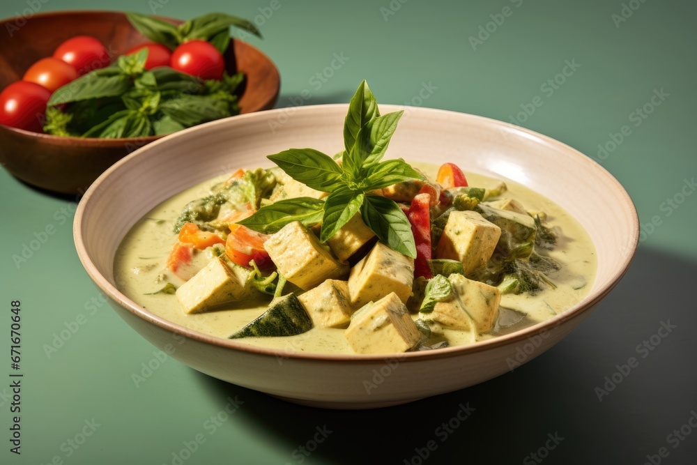 Thai Green Harmony: Immerse Yourself in the Culinary Bliss of Tofu and Vegetable Thai Green Curry, Aromatized with Herbs, Displayed on a Creamy Beige Background.

