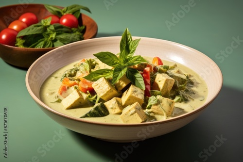 Thai Green Harmony: Immerse Yourself in the Culinary Bliss of Tofu and Vegetable Thai Green Curry, Aromatized with Herbs, Displayed on a Creamy Beige Background.
