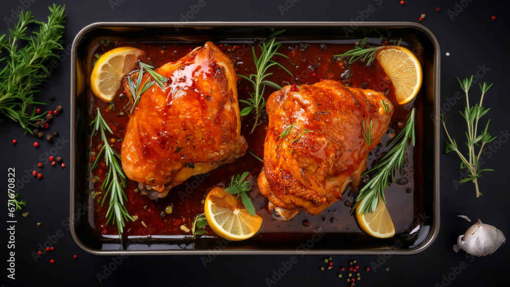 Glazed chicken thighs on a tray with sauce, lemon wedges and rosemary. Horizontal, top view.

 - obrazy, fototapety, plakaty 
