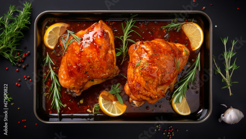 Glazed chicken thighs on a tray with sauce, lemon wedges and rosemary. Horizontal, top view.

