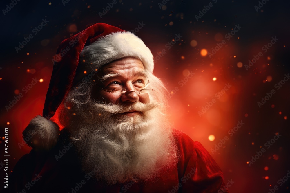 Happy Santa Claus in eyeglasses on dark red blurred background with snow. Man in santa claus costume. Merry Christmas and happy New Year concept. Design for greeting card, banner, poster Happy Santa Claus in eyeglasses on dark red blurred background with snow. Man in santa claus costume. Merry Christmas and happy New Year concept. Design for greeting card, banner, poster