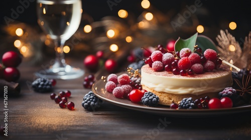 Curd cheesecake with raspberries and blueberries. Festive dessert in a plate. Sweets on a plate. Bokeh of garlands
