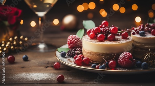 Curd cheesecake with raspberries and blueberries. Festive dessert in a plate. Sweets on a plate. Bokeh of garlands photo