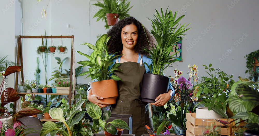 Portrait of a young woman business owner holding two house plants smiling and looking at camera in a greenhouse. Gardener working in flower shop, plant store. Business, people and houseplants concept.