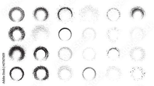 Set of black rounded splash ink brush collection, Grunge ink splatter. Spray drops staining and frame with wet paint drop traces vector. Illustration splash and drip design, silhouette blob spray