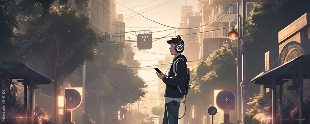 Anime male character wearing headphones surrounded by the city. Concept: Listening to music on audio media. Portable all-in-one music audio device
 - obrazy, fototapety, plakaty 