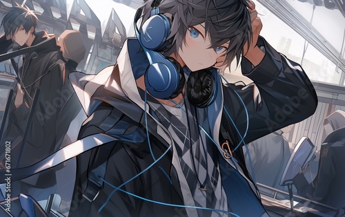 Anime male character wearing headphones surrounded by the city. Concept: Listening to music on audio media. Portable all-in-one music audio device 