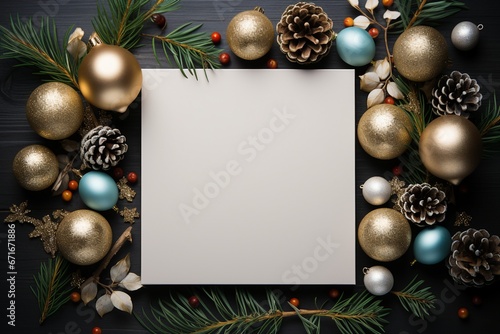 Holiday Composition Christmas Things Beside a White Blank Page, Top View, Background