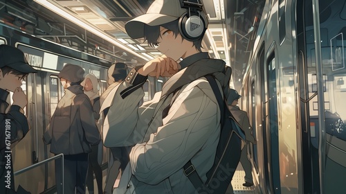 Anime male character wearing headphones surrounded by the city. Concept: Listening to music on audio media. Portable all-in-one music audio device 