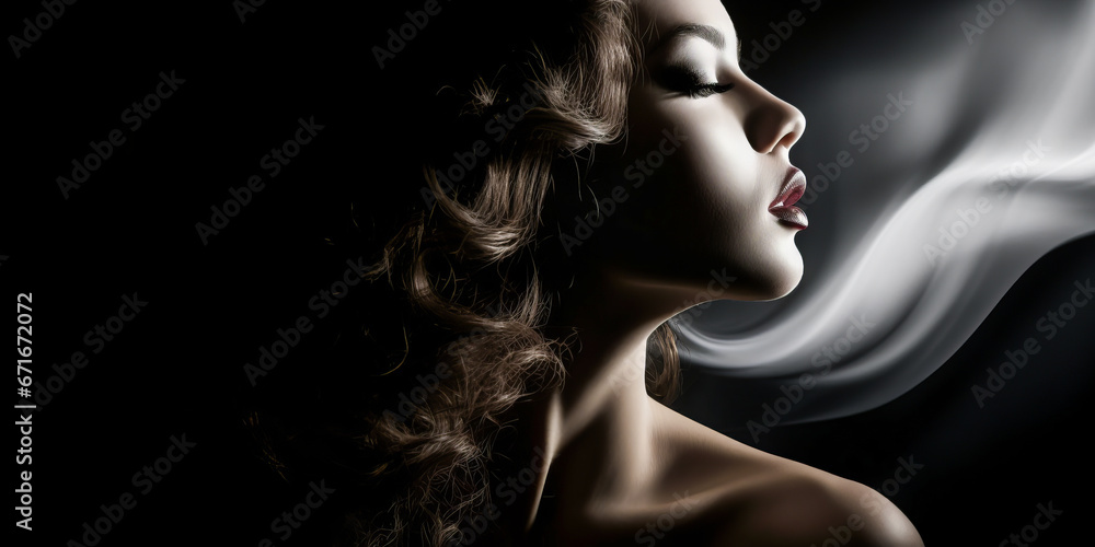 Profile of woman in chiaroscuro with white smoke swirls Profile of woman in chiaroscuro with white smoke swirls