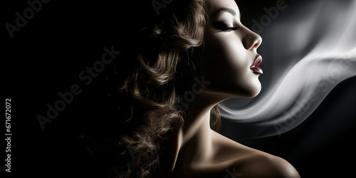 Profile of woman in chiaroscuro with white smoke swirls photo
