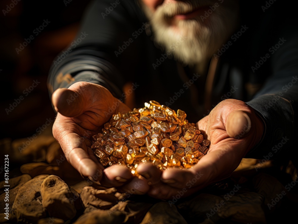Gold nuggets in male hands AI