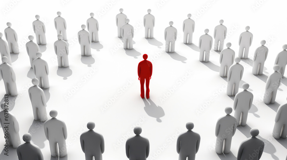 Stand out from the crowd and different creative idea concepts one red target marketing man amongs other white people on white gray background with shadows and reflections 3D rendering Stand out from the crowd and different creative idea concepts one red target marketing man amongs other white people on white gray background with shadows and reflections 3D rendering