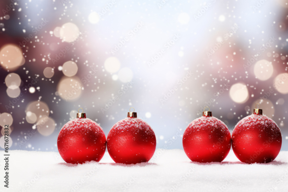 Fototapeta premium Christmas card background with red baubles and snowflakes