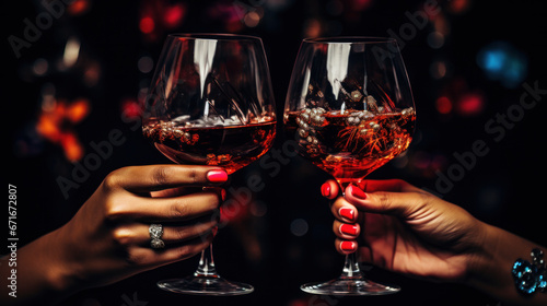 hands of woman holding glasses of red wine, toasting, on red background