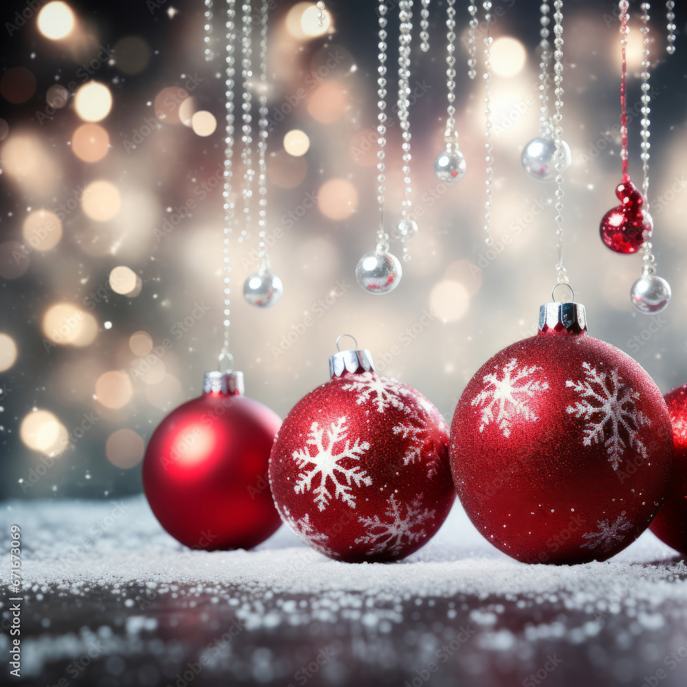 Christmas card background with red baubles and snowflakes Christmas card background with red baubles and snowflakes