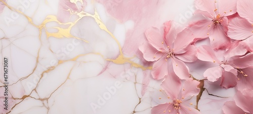 Abstract marble marbled stone ink liquid fluid painted painting texture luxury background banner - Pink petals, blossom flower swirls gold painted lines © Corri Seizinger