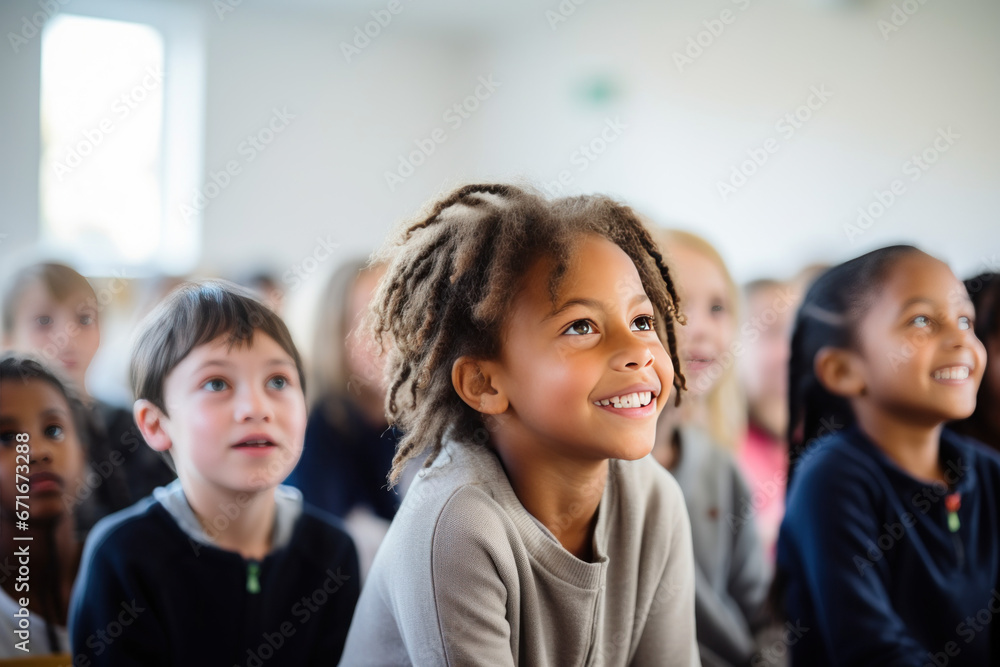 portrait de jeunes enfants souriant en groupe dans leur salle de classe à l'école portrait de jeunes enfants souriant en groupe dans leur salle de classe à l'école