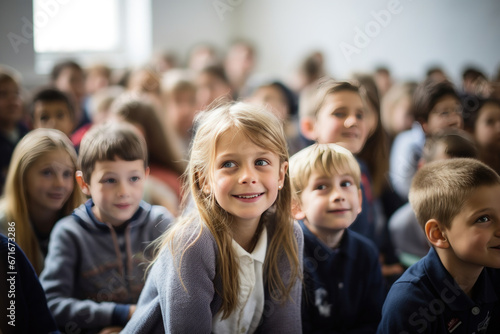 portrait de jeunes enfants souriant en groupe dans leur salle de classe à l'école photo