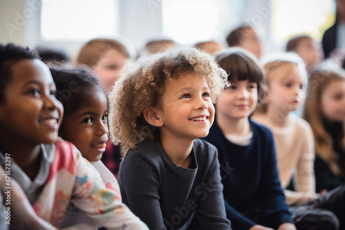 portrait de jeunes enfants souriant en groupe dans leur salle de classe à l'école photo