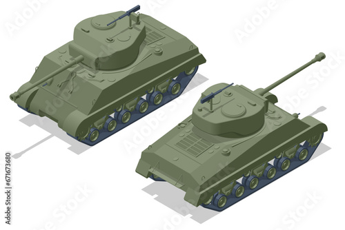 Isometric USA Tank Medium Tank M4 Sherman 76W. Armoured fighting vehicle designed for front-line combat, with heavy firepower photo